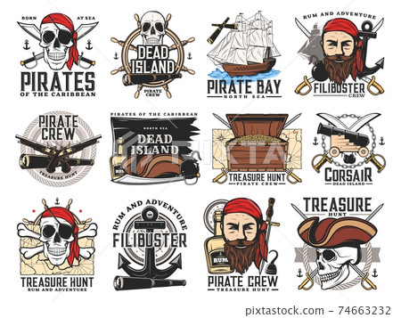 Pirates island, filibuster treasure hunt emblems 74663232