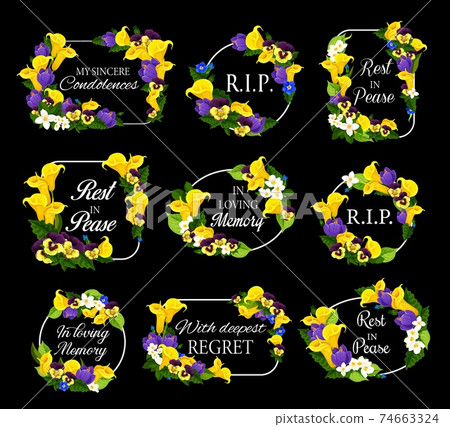 Funeral cards with calla, pansy and jasmine flower 74663324