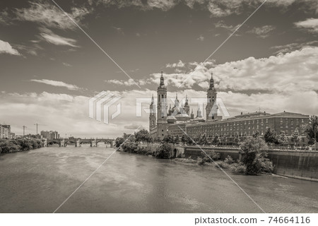 Cathedral from Ebro river in spring, Zaragoza, Aragon 74664116