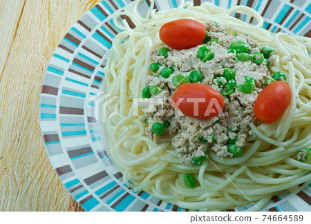 tuna pesto and green peas spaghetti tuna pesto and green peas spaghetti 74664589