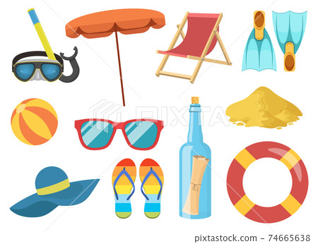 Sea beach elements clipart vector design illustration. Sea, beach, ball, chair, flipflops, umbrella set. Vector Clipart Print Sea beach elements clipart vector design illustration. Sea, beach, ball, chair, flipflops, umbrella set. Vector Clipart Print 74665638