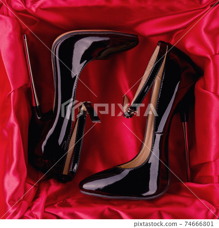 Black fetish shiny patent leather stiletto high heels with ankle strap 74666801