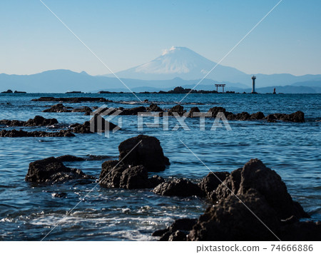 Scenery of Hayama Town in spring: Torii gate and lighthouse on Mt. Fuji and Najima 74666886