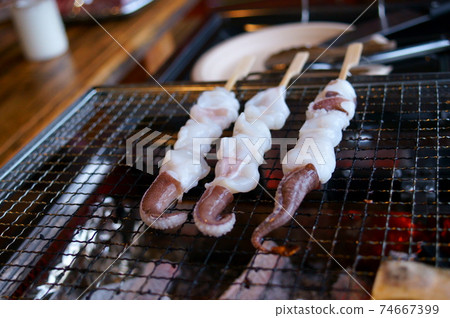 Charcoal-grilled squid skewers 74667399