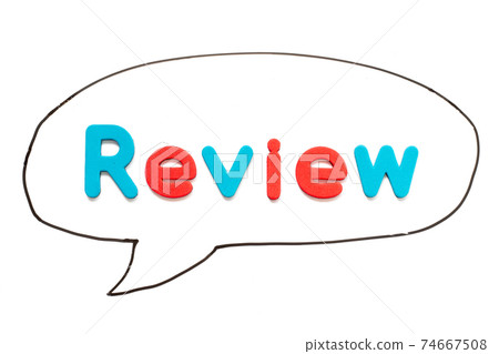 Alphabet letter with word review in black line hand drawing as bubble speech on white board background Alphabet letter with word review in black line hand drawing as bubble speech on white board background 74667508