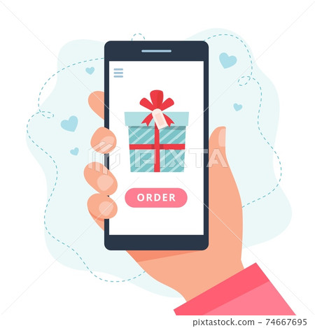Online shopping gifts. Screen with present. Vector illustration in flat style Online shopping gifts. Screen with present. Vector illustration in flat style 74667695