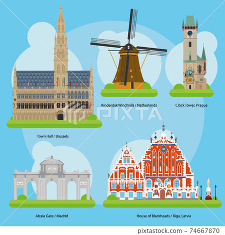 Vector illustration of Monuments and landmarks in Europe Vol. 3: Town Hall (Brussels), Kinderdijk Windmills (Netherlands), Clock Tower (Prague), Alcala Gate (Madrid) and House of the Blackheads (Riga) 74667870