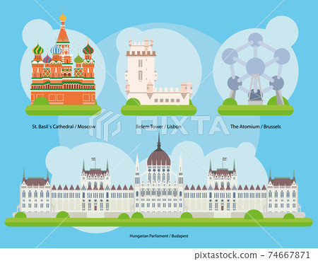 Vector illustration of Monuments and landmarks in Europe Vol. 2: St Basils Cathedral (Moscow), Belem Tower (Lisbon), The Atomium (Brussels) and Hungarian Parliament (Budapest) 74667871