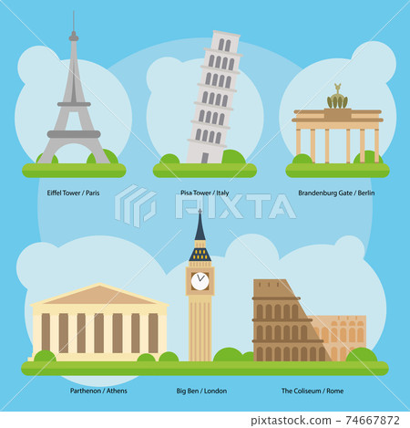 Vector illustration of Monuments and landmarks in Europe Vol. 1: Eiffel Tower (Paris), Leaning Tower (Pisa), Brandenburg Gate (Berlin), Parthenon (Greece), Big Ben (London) and The Coliseum (Rome) 74667872