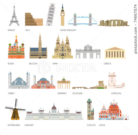 Set of 20 Monuments of Europe. Vector illustration 74667874