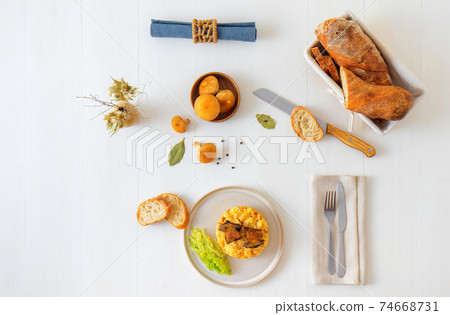 Mushrooms, fresh lunch or dinner. Fresh roasted boletus with mashed potatoes and kale. Favorite season mushroom lunch or dinner in Czech Republic. 74668731