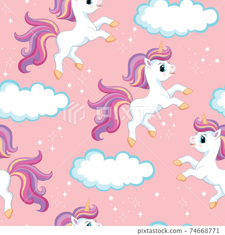 Seamless vector pattern unicorns on pink background 74668771