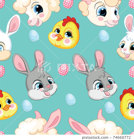Seamless pattern with heads of rabbits, lambs, chickens Seamless pattern with heads of rabbits, lambs, chickens 74668772