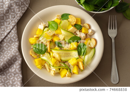 Plate with salad and fork close-up Plate with salad and fork close-up 74668838