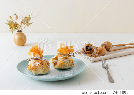 Phyllo pastry dessert stuffed with fresh plums and poppy seed delicious vegetarian food. Filo, filled. Phyllo pastry dessert stuffed with fresh plums and poppy seed delicious vegetarian food. Filo, filled. 74668993