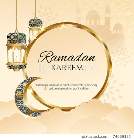 Ramadan Kareem greeting card with text label template decorated with elegant crescent moon and lantern. Realistic vector design. Ramadan Kareem greeting card with text label template decorated with elegant crescent moon and lantern. Realistic vector design. 74669335