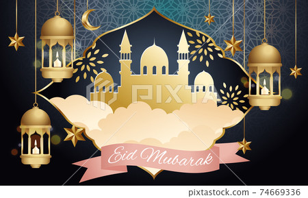 Happy Eid Mubarak greeting card decorated with golden lantern and stars. Mosque silhouette in the clouds. Realistic vector design. Happy Eid Mubarak greeting card decorated with golden lantern and stars. Mosque silhouette in the clouds. Realistic vector design. 74669336