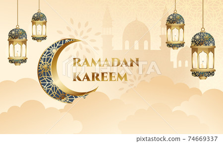 Ramadan Kareem greeting card with mosque silhouette and decorative lantern. Realistic vector design Ramadan Kareem greeting card with mosque silhouette and decorative lantern. Realistic vector design 74669337