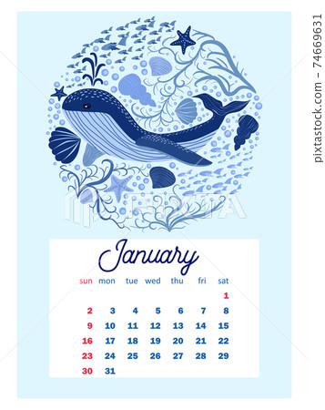 Marine life. Wall calendar design template for 2022, A4 format. Week starts on Sunday. Whale, mermaid, snail, shark, crab, stingray, seahorse, dolphin, octopus, turtle, jellyfish, clown fish etc. Marine life. Wall calendar design template for 2022, A4 format. Week starts on Sunday. Whale, mermaid, snail, shark, crab, stingray, seahorse, dolphin, octopus, turtle, jellyfish, clown fish etc. 74669631