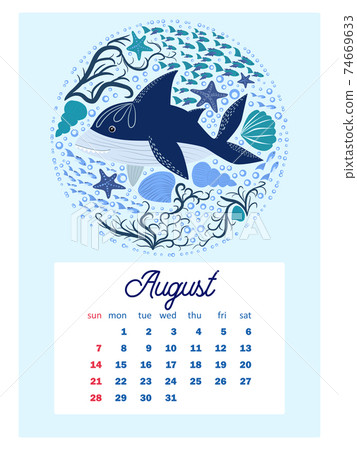 Marine life. Wall calendar design template for 2022, A4 format. Week starts on Sunday. Whale, mermaid, snail, shark, crab, stingray, seahorse, dolphin, octopus, turtle, jellyfish, clown fish etc. Marine life. Wall calendar design template for 2022, A4 format. Week starts on Sunday. Whale, mermaid, snail, shark, crab, stingray, seahorse, dolphin, octopus, turtle, jellyfish, clown fish etc. 74669633