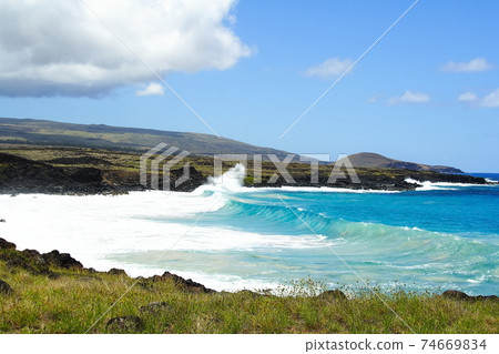 Easter Island in the South Pacific Ocean, sky and clouds 74669834