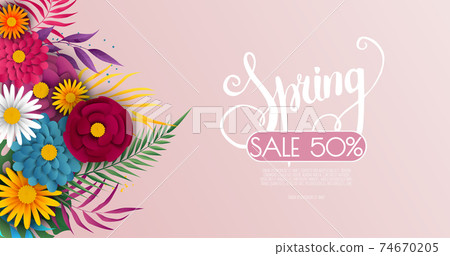 Spring sale background with flowers. Banner perfect for promotions, magazines, advertising, web sites. Vector illustration. 74670205