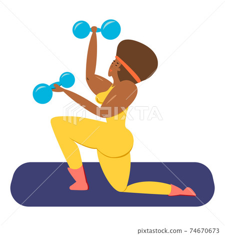 A black female athlete. A Black woman with dumbbells in her hands shakes her muscles. Vector flat illustration A black female athlete. A Black woman with dumbbells in her hands shakes her muscles. Vector flat illustration 74670673