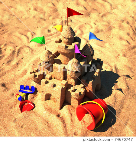 sand castle with beach toys sand castle with beach toys 74670747