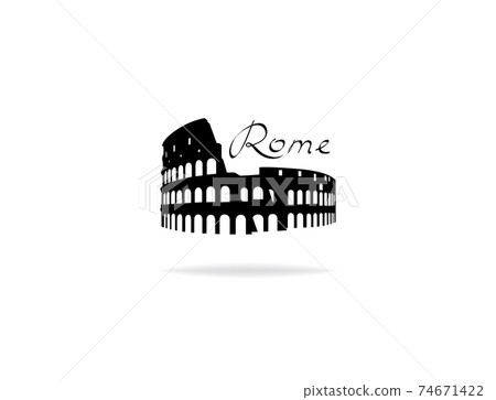 Rome travel landark Coliseum. Italian famous place Coliseum silhouette icon with handwritten Lettering Rome. Rome travel landark Coliseum. Italian famous place Coliseum silhouette icon with handwritten Lettering Rome. 74671422