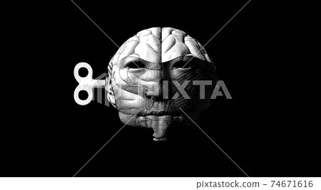 Engraving abstract human brain tongue and wind up key illustration Engraving abstract human brain tongue and wind up key illustration 74671616