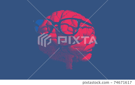 Red engraving brain with glasses illustration on blue BG 74671617