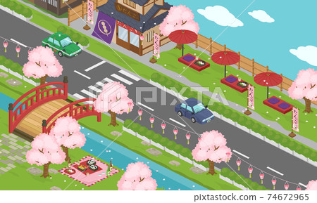 Japanese cityscape vector illustration (isometric, isometric) during the cherry blossom and cherry blossom viewing seasons in spring and April Japanese cityscape vector illustration (isometric, isometric) during the cherry blossom and cherry blossom viewing seasons in spring and April 74672965