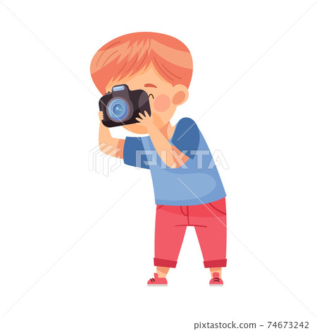 Redhead Boy Holding Camera and Taking Photo Vector Illustration 74673242