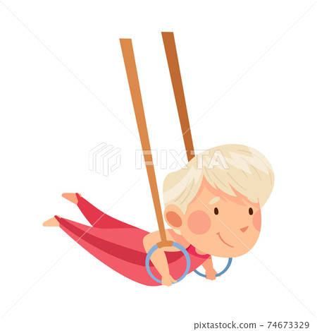 Little Boy Hanging in the Air Holding Gymnastic Rings Vector Illustration 74673329