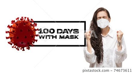 Woman in protective face mask isolated on white studio background. New rules of COVID spreading prevention 74673611