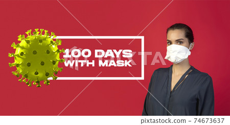 Woman in protective face mask isolated on red studio background. New rules of COVID spreading prevention, 100 days with masks 74673637