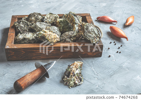 Oysters in a wooden tray and shallot Oysters in a wooden tray and shallot 74674268