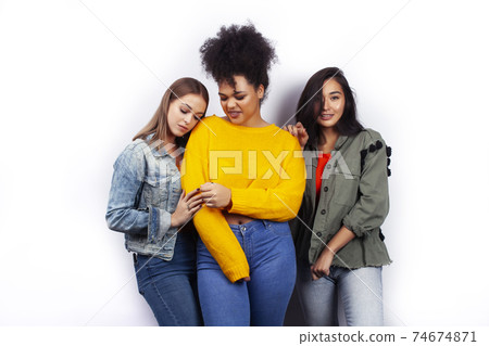 diverse nation girls group, teenage friends company cheerful having fun, happy smiling, cute posing isolated on white background, lifestyle people concept 74674871