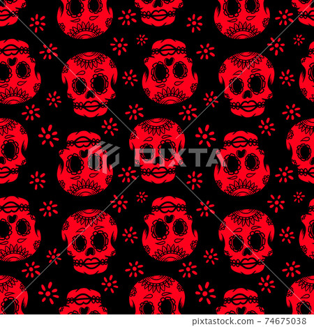 Seamless pattern with mexican sugar skulls. Design element for poster, card, flyer, banner. Vector illustration 74675038