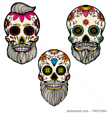 Set of hand drawn mexican bearded sugar skull isolated on white background. Design element for poster, card, banner, t shirt, emblem, sign. Vector illustration 74675040