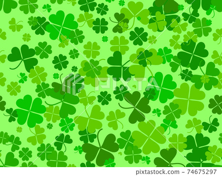 Seamless pattern with clover for Saint Patrick's Day. Green shades of four-leafed and three-leafed clover. Background for advertising products, postcards and printing. Vector illustration 74675297