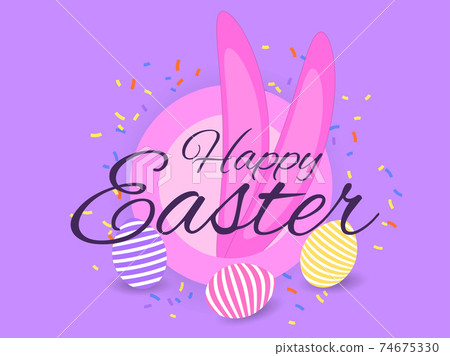 Happy Easter. Rabbit ears with Easter eggs and confetti. Festive background for banners and cards. Vector illustration 74675330