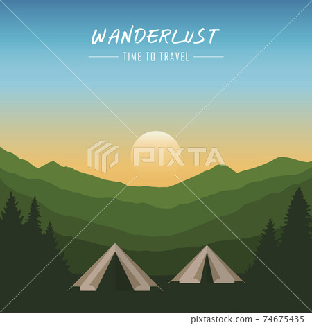 camping adventure in the wilderness tent in the forest at mountain landscape 74675435