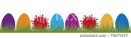 colorful easter eggs and corona virus in green meadow covid easter design banner colorful easter eggs and corona virus in green meadow covid easter design banner 74675437