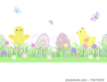 Easter floral composition chickens, butterflies, eggs early spring grass with cute flowers seamless horizontal border, flat style vector illustration spring festive decor, cards, poster, banners, web Easter floral composition chickens, butterflies, eggs early spring grass with cute flowers seamless horizontal border, flat style vector illustration spring festive decor, cards, poster, banners, web 74675654