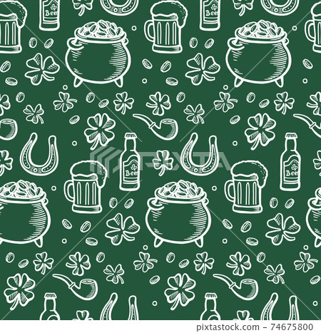hand drawn saint patricks seamless pattern with line elements. Irish pattern with clover, gold, smoking pipe, bowler hat with gold and horseshshoe. Vector line illustration. hand drawn saint patricks seamless pattern with line elements. Irish pattern with clover, gold, smoking pipe, bowler hat with gold and horseshshoe. Vector line illustration. 74675800