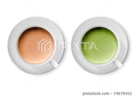 Vector 3d Realistic Ceramic White Coffee Porcelain Ceramic Mug, Cup, Saucer Set Closeup Isolated on White Background. Brown, Green Milk Foam, Latte, Capuccino, Mocha, Matcha. Design Template. Top View Vector 3d Realistic Ceramic White Coffee Porcelain Ceramic Mug, Cup, Saucer Set Closeup Isolated on White Background. Brown, Green Milk Foam, Latte, Capuccino, Mocha, Matcha. Design Template. Top View 74676402