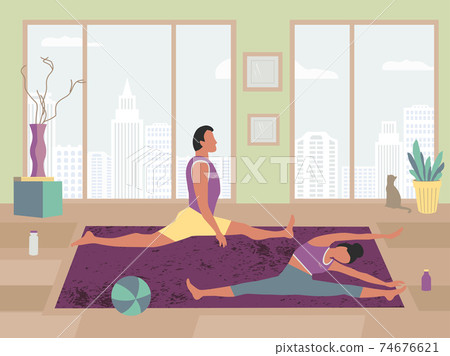 Couple Fitness Training at Home flat color vector 74676621