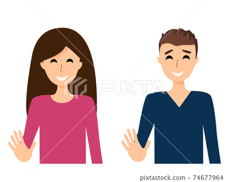 Boy and girl waving hand. Hello gesture vector illustration. 74677964