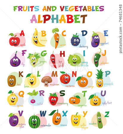 Cute cartoon illustrated alphabet with funny fruits and vegetables characters. English alphabet. Learn to read. Isolated Vector illustration. 74681348